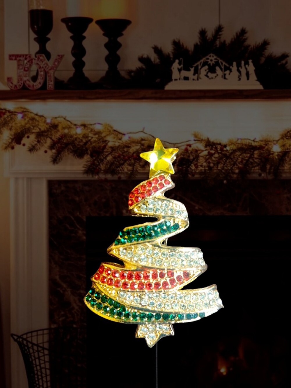 Festive Rhinestone Christmas Tree Brooch
